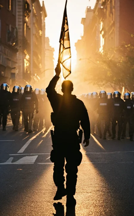 leogirl, realistic photography, <lora:add-detail-xl:0.3>,
A lone man stands defiantly in front of a line of riot police, bathed in the golden hour light during a protest for freedom. He holds a flag billowing in the wind as the silhouette of the police forms a dramatic backdrop.