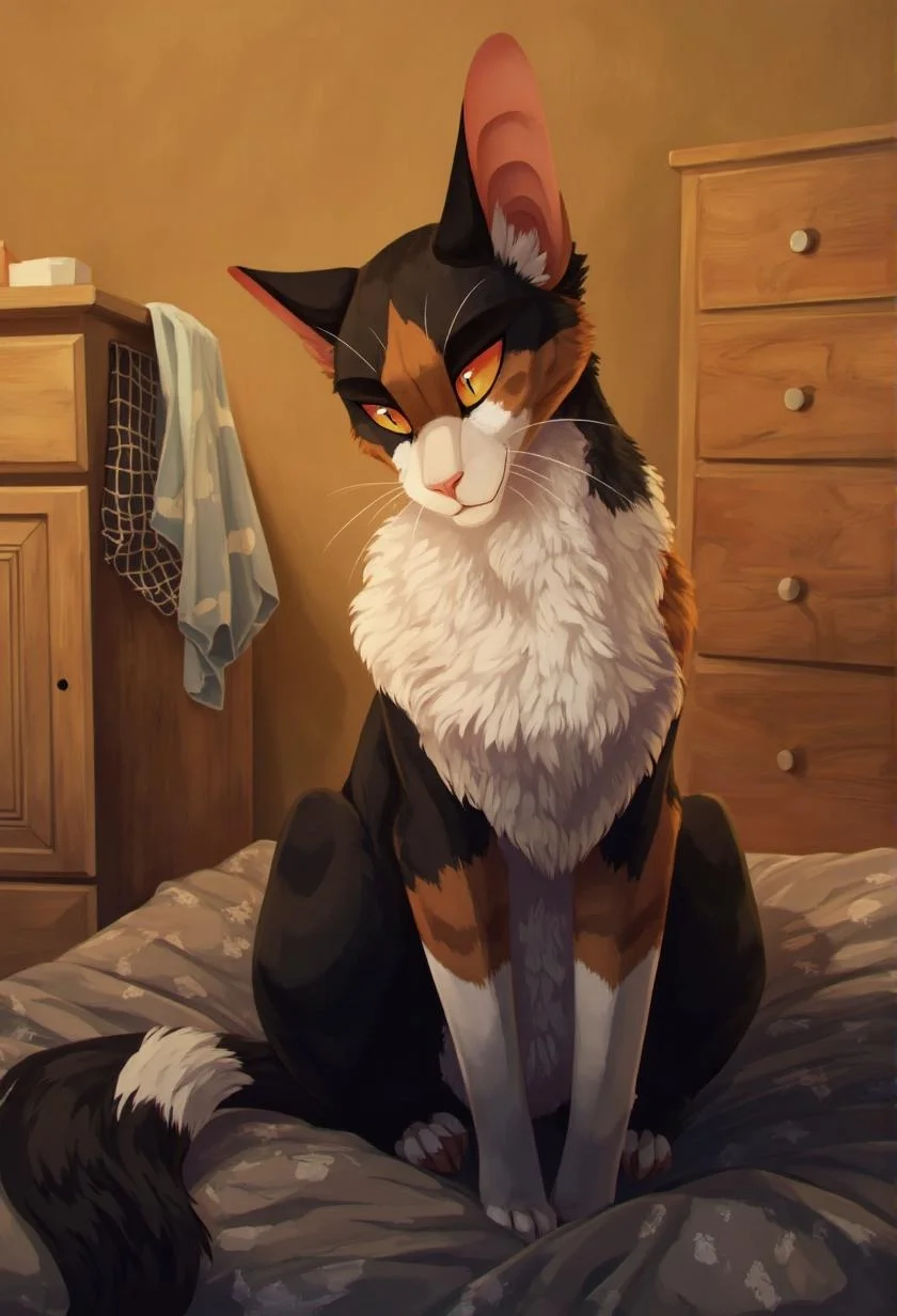 <lora:ck-LttleGhost-000011.safetensors:1> in the style of ck-lttlegh0stA stunning calico cat with vibrant black, orange, and white fur sits on a gray-patterned blanket, its amber eyes sparkling with curiosity. Soft, diffused light fills the room, casting no shadows. A wooden dresser stands partially hidden behind a laundry item against a warm-toned wall, evoking a sense of comfort and tranquility. Time seems to have stood still in this peaceful setting.