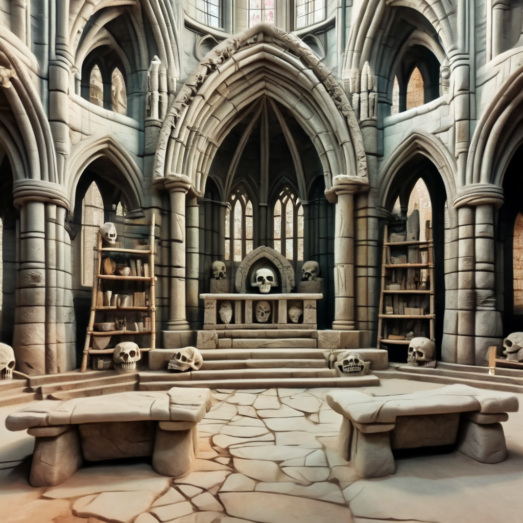 stonesigner human skull on the altar in a gothic cathedral<lora:stonesigner:1>