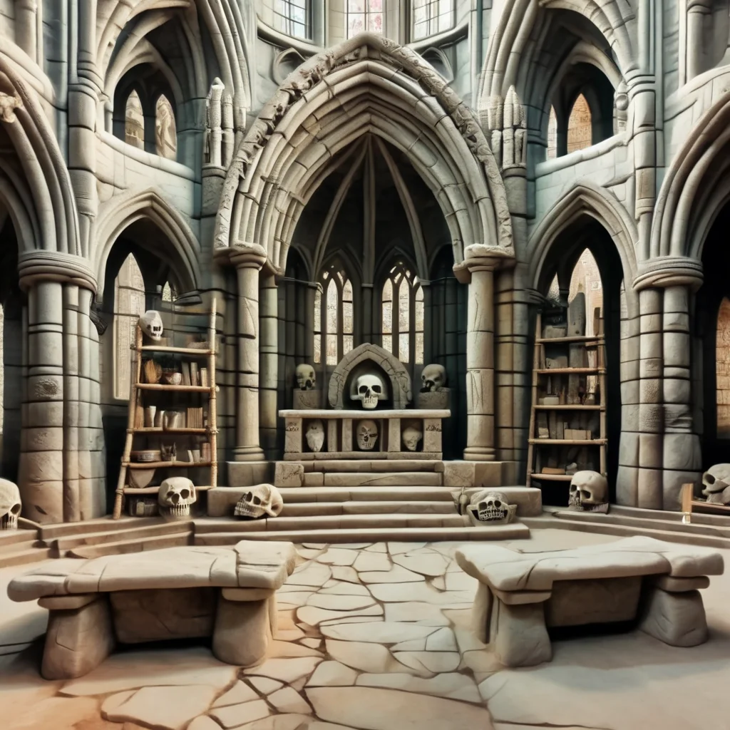 stonesigner human skull on the altar in a gothic cathedral<lora:stonesigner:1>