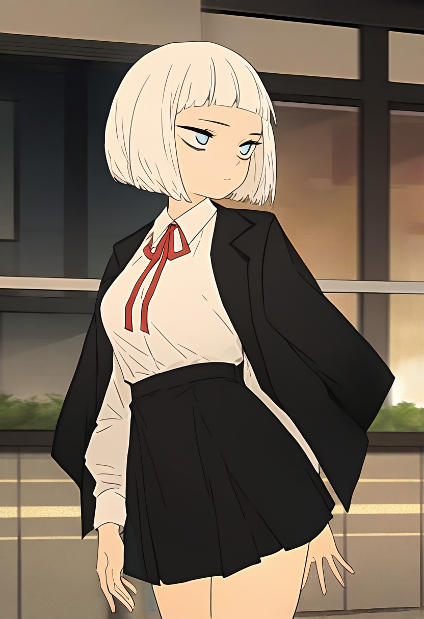 <lora:baiyuhao:1>,baiyuhao,1girl,solo,short hair,bob cut,blunt bangs,white hair,blue eyes,
red ribbon,neck ribbon,shirt,ribbon,collared shirt,white shirt,black jacket,cowboy_shot,, masterpiece,best quality,amazing quality,absurdres, anime screenshot,