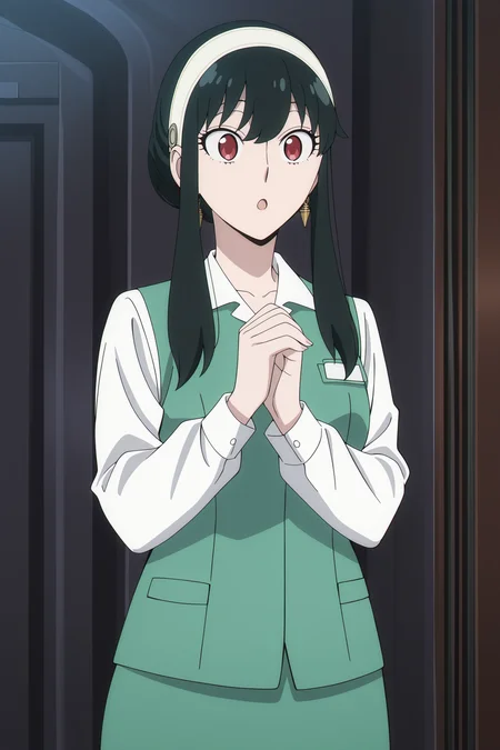anime screencap, anime coloring, detailed face, masterpiece, best quality, very aesthetic, absurdres, volumetric lighting, official style, amazing quality, ultra detailed, highres, amazing quality, scenery, beautiful detailed hair, beautiful detailed eyes, detailed fingers,
<lora:All_of_Yor_ForgerBriars_outfits_Spy_x_Family:.9>
Yor green work uniform (outfit), Yor Forger (character), 1girl, yor briar, green vest, hairband, solo, skirt, black hair, red eyes, own hands together, sidelocks, shirt, green skirt, white hairband, white shirt, office lady, :O, cowboy shot