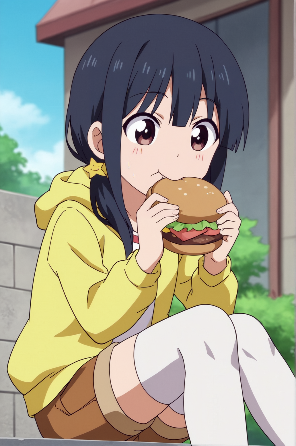 score_9, score_8_up, score_7_up,anime_source, source_anime, best background, detailed background, anime screencap,  Ruri Akutsu, outdoors, day, hood, hoodie, shorts, solo, white thighhighs, blush, happy, eating burger, sitting, <lora:JN_Ruri_Akutsu:0.8>