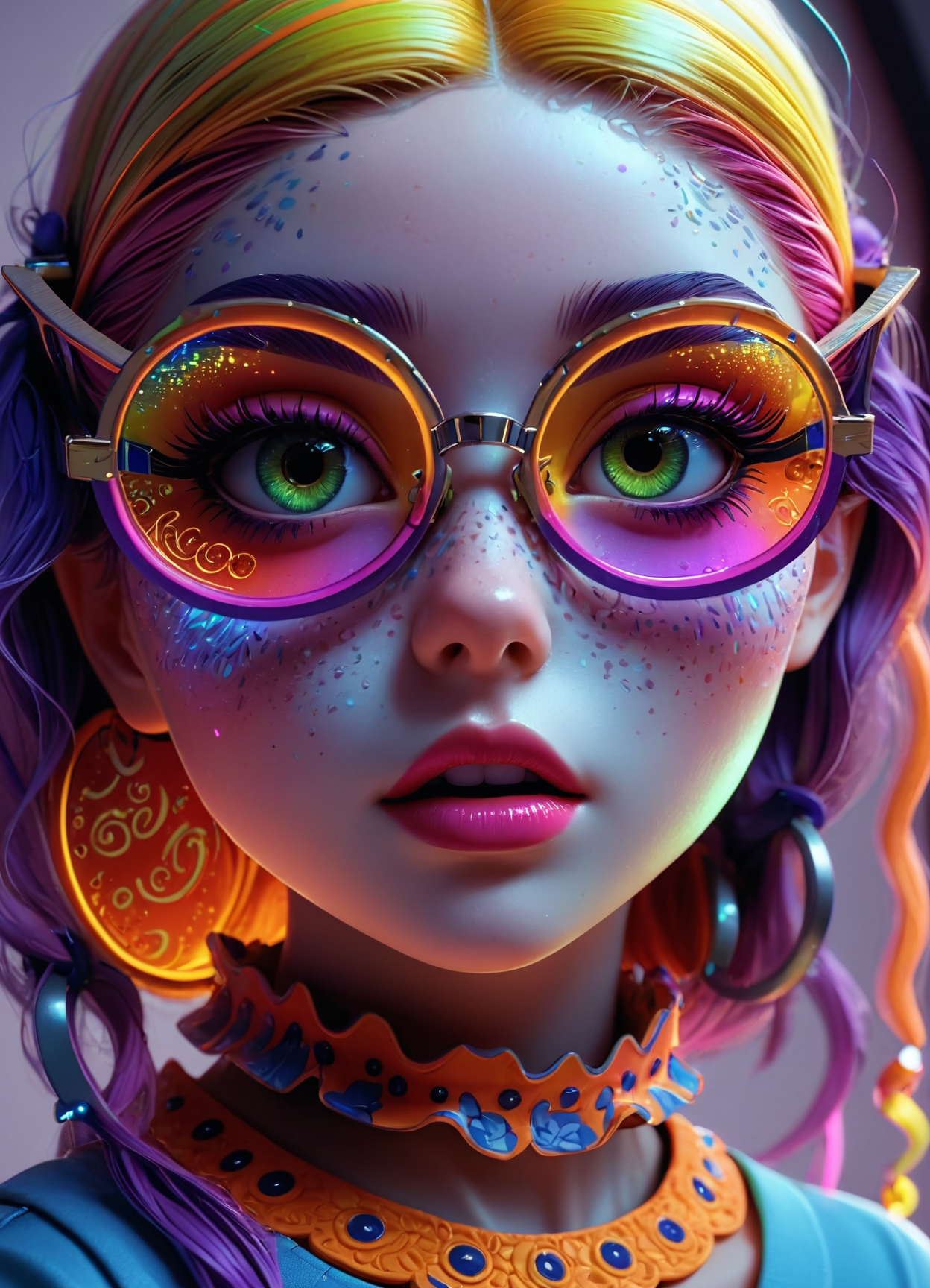 kawaii style Ombre color scheme of neon blue, neon pink, neon yellow, neon green, neon orange, Caricature, cartoon girl with glasses, in the style of natalie shau, junya watanabe, bill gekas, exquisite detail, psychedelic manga, 8k 3d <lora:sss:0.8> <lora:envyStarlight_v10:0.8> <lora:Cute_3D_Cartoon:0.25>, subsurface scattering, Photorealistic, Hyperrealistic, analog style, realistic, film photography, soft lighting, heavy shadow, exaggerated, comical, caricature  . cute, adorable, brightly colored, cheerful, anime influence, highly detailed