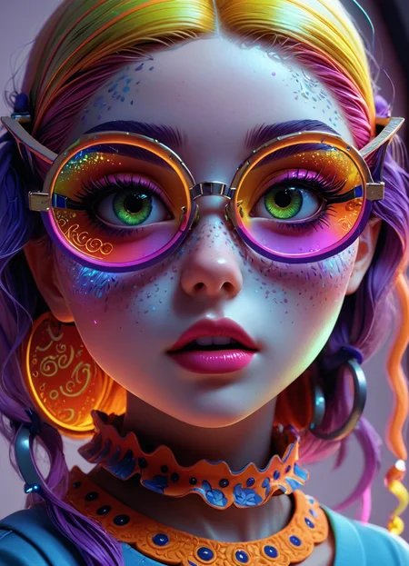 kawaii style Ombre color scheme of neon blue, neon pink, neon yellow, neon green, neon orange, Caricature, cartoon girl with glasses, in the style of natalie shau, junya watanabe, bill gekas, exquisite detail, psychedelic manga, 8k 3d <lora:sss:0.8> <lora:envyStarlight_v10:0.8> <lora:Cute_3D_Cartoon:0.25>, subsurface scattering, Photorealistic, Hyperrealistic, analog style, realistic, film photography, soft lighting, heavy shadow, exaggerated, comical, caricature . cute, adorable, brightly colored, cheerful, anime influence, highly detailed