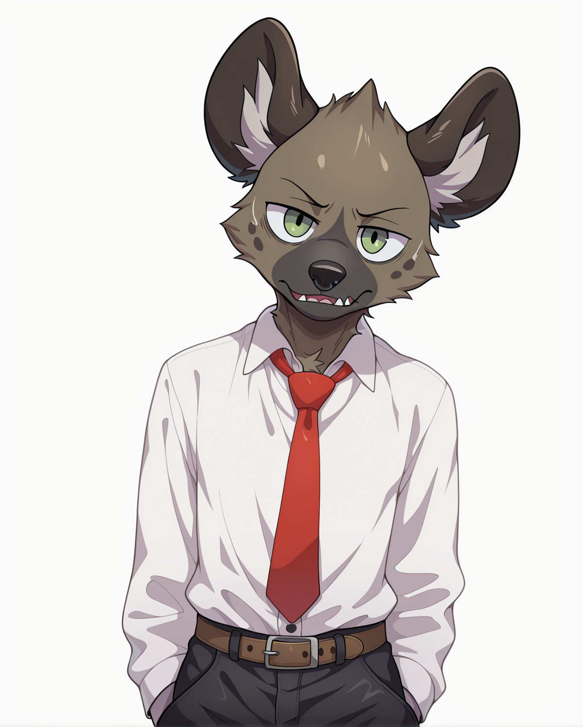 <lora:Haida__Aggretsuko__Character_Illustrious:1>, 
masterpiece, best quality, amazing quality, very aesthetic, depth of field, focused subject,  stylized,  white background, simple background, 
furry, haida, hyena, (((male))), green eyes, solo, 
white dress shirt, red necktie, belt, black pants, 
looking at viewer,