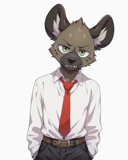 <lora:Haida__Aggretsuko__Character_Illustrious:1>, 
masterpiece, best quality, amazing quality, very aesthetic, depth of field, focused subject,  stylized,  white background, simple background, 
furry, haida, hyena, (((male))), green eyes, solo, 
white dress shirt, red necktie, belt, black pants, 
looking at viewer,