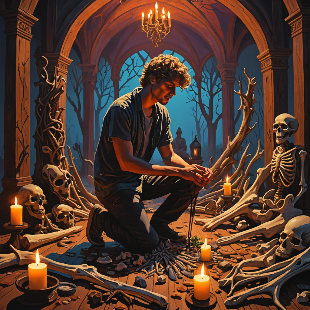 a vivid messy oil painting of a youngish guy kneeling before an amateur pagan altar made of animal bones and duct tape, vivid evening hues, aura of menace, (silhouette), (shadows), illustration, highly detailed, high quality,