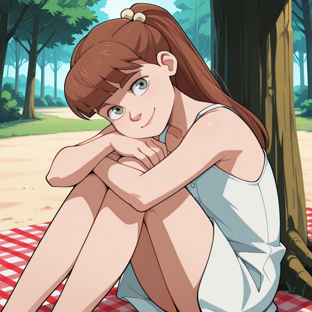 aijalon, masterpiece, high quality, volumetric lighting, dynamic pose, dynamic angle, detailed background, Anime screencap,
((1girl, solo, m_g, 1girl, brown ponytail hair, bangs, hairpin, small body, skinny body, grey eyes, summer dress, sitting under tree, head on knees, folded legs, long hair)), detailed face, 1girl, solo, alone, outside, sunshine, cowboy shot, tree, looking at viewer, smiling, picnic,