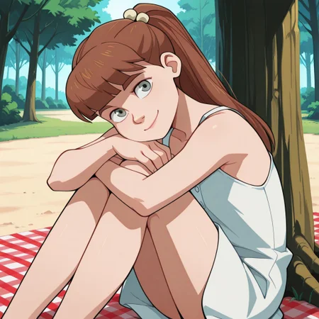 aijalon, masterpiece, high quality, volumetric lighting, dynamic pose, dynamic angle, detailed background, Anime screencap,
((1girl, solo, m_g, 1girl, brown ponytail hair, bangs, hairpin, small body, skinny body, grey eyes, summer dress, sitting under tree, head on knees, folded legs, long hair)), detailed face, 1girl, solo, alone, outside, sunshine, cowboy shot, tree, looking at viewer, smiling, picnic,