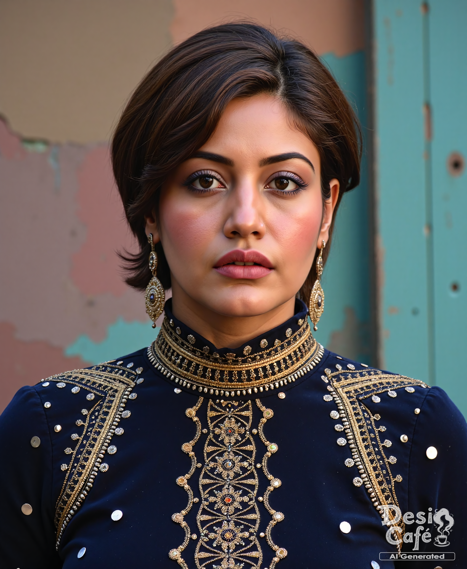 cowboy shot photo of Surabhi Chandna woman, hyper realistic photo that is safe for work, expression of wonderment with wide eyes, studio quality image with natural colors, well dressed wearing intricate turtleneck Navy Gota Patti Suit (Rajasthani embellished dress), hair styled as  messy pixie,muted pastel shaded multicolored background that contrasts with the person, cinematic lighting,âââââ âââ  <lora:Surbhi_Chandna_Flux_Kohya_V1:1>âââ