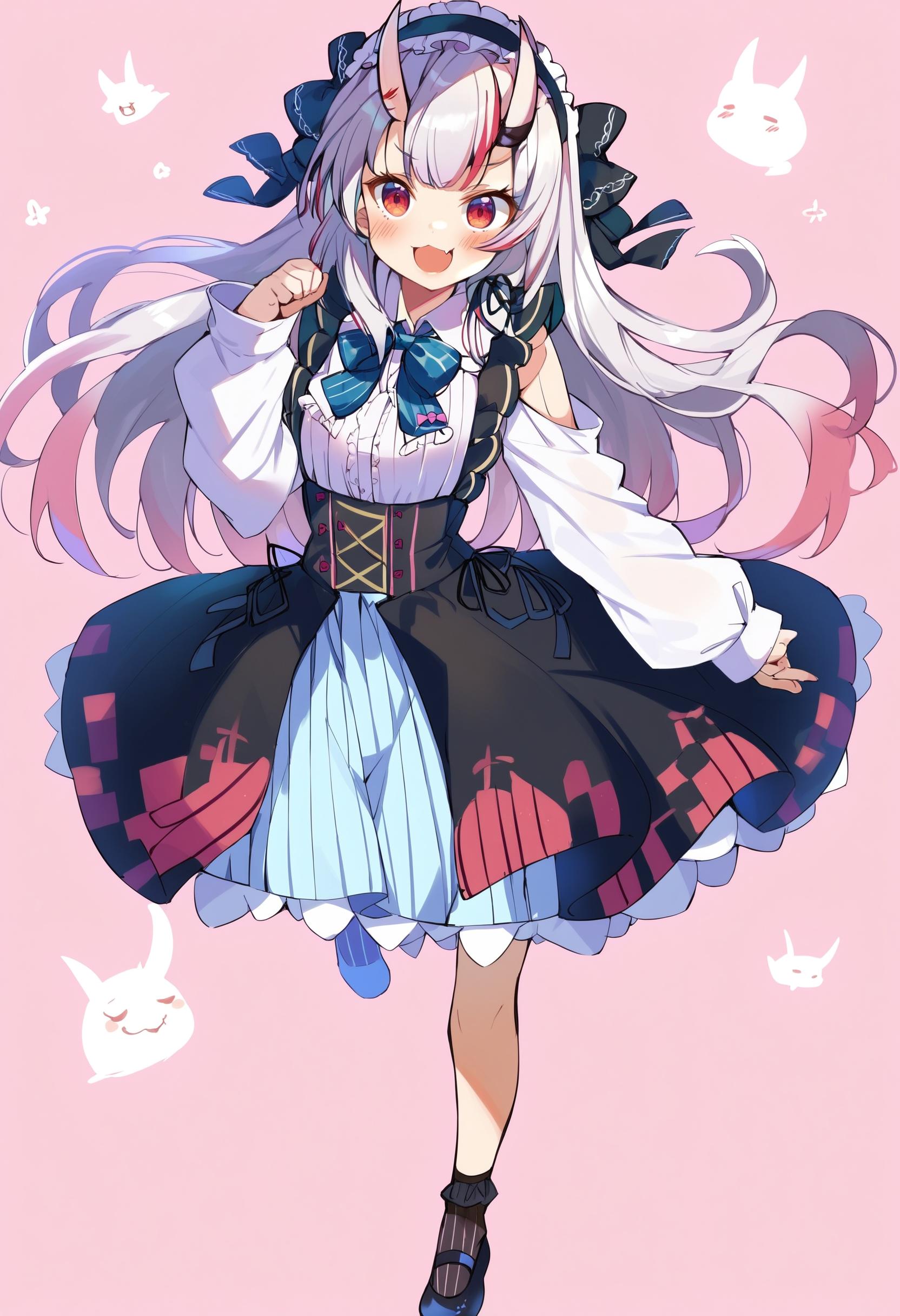 score_9, score_8_up, score_7_up, score_6_up, source anime,
nakiri ayame, nakiri ayame girly, 1girl, solo, long hair, skin-covered horns, full body, looking at viewer, smile, vertical-striped socks, open mouth, striped socks, fang, striped clothes, long sleeves, hairband, standing, vertical-striped clothes, bow, blue bow, ribbon, shoes, oni, blush, black socks, black skirt, blue bowtie, white shirt, :d, high-waist skirt, suspender skirt, skin fang, hair ribbon
<lora:nakiri_ayame_v1:1>