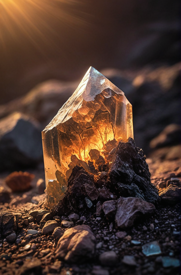 (Introduce quality iteratively))((large glowing transparent natural mineral, mystic light inside, sunbeam,  sunset, lightnings, dramatic lighting))(evocative depth of field)(grounded sharpness)(abyss black point)(art of genius)(earthly gradients)(earthy colorful saturated hues))(earth corners vignette))
<lora:LCM-LoRA-XL_V1:0.21>
<lora:SDXLHighDetail_v5:0.3>