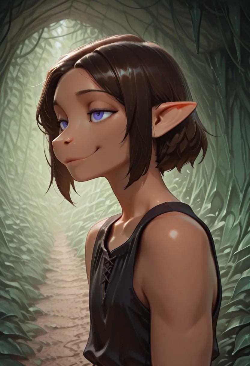 1 Lapanya, solo, Repeta, violet eyes, small nostrils, black sleeveless top,
looking around, smiling, lowered eyebrows,
Side view,
Medieval style, Smooth colors, detailed eyes, organic cavern background, clean lines, high quality, best quality, masterpiece, rating: safe,
source: anime,