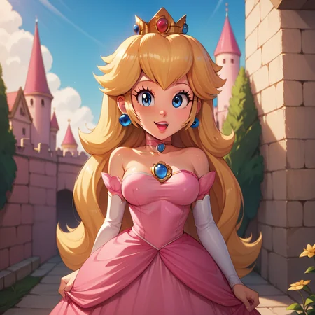 score_4,score_5,score_6,score_7_up,score_8_up,score_9 BREAK 1girl,solo,jewelry,earrings,long hair,breasts,very long hair,big hair,choker,dress,medium breasts,bare shoulders,:d,outdoors,smile,open mouth,<lora:Princess_Peach_Shiny_Style_V2:0.8>,shiny,shiny skin,princess peach,castle,<lora:SNES_Earthbound_Enemies-000001:0.8>,