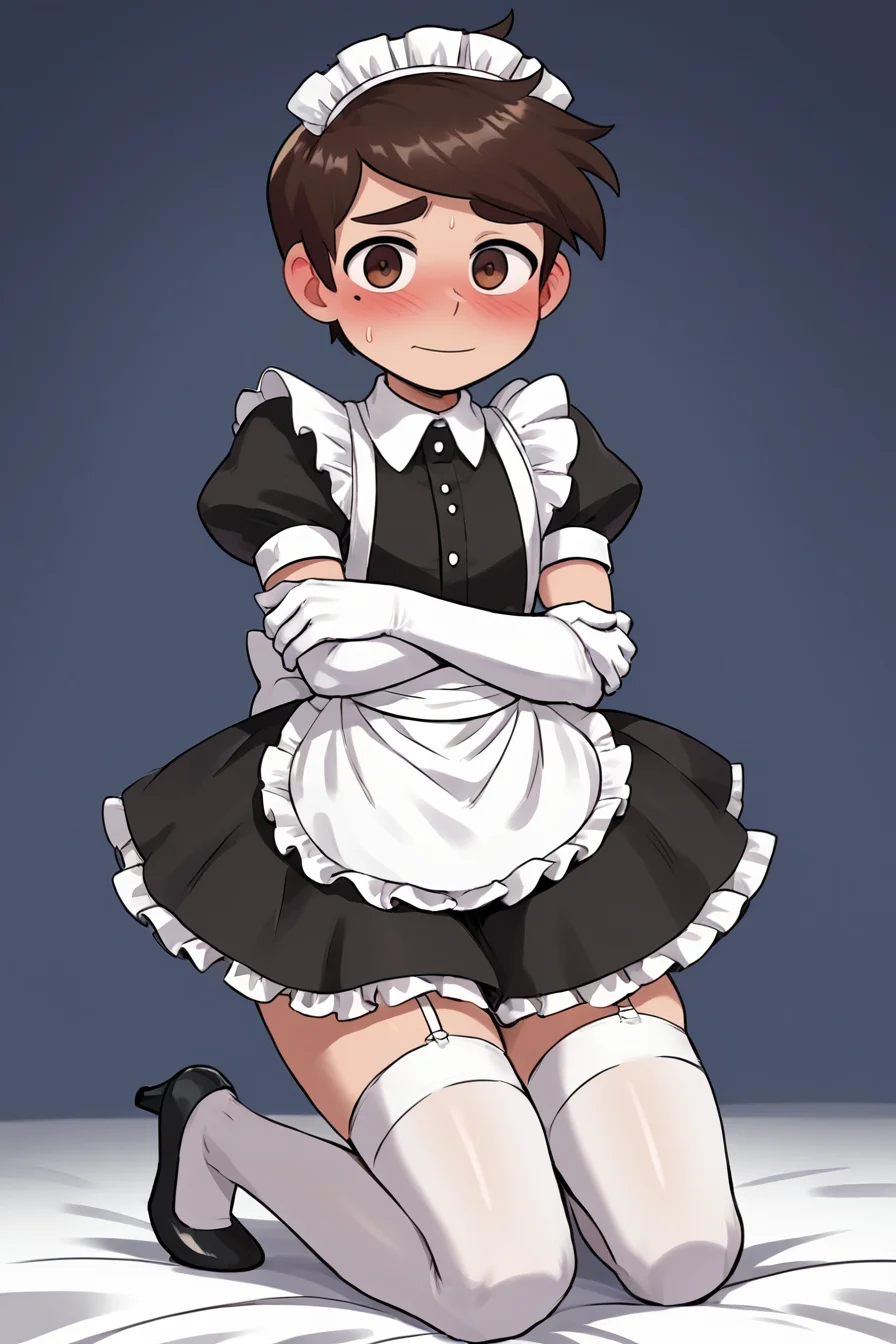 score 6 up,score 7 up, score 8 up,score 9,blush,short sleeves,looking at viewer, <lora:marco_diaz:0.7>,marco diaz,brown hair,mole under left eye,short hair,solo,thick eyebrows,<lora:Lucyla_Art_Style:0.4>,male focus,maid headdress,maid uniform,,embarrassed,black heels,white elbow gloves, white stockings