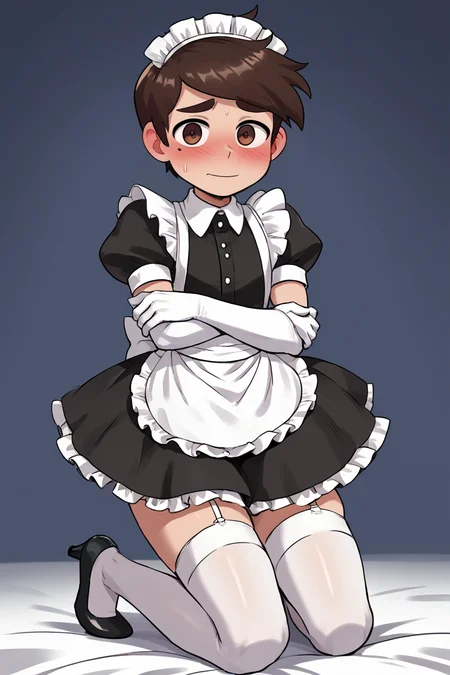 score 6 up,score 7 up, score 8 up,score 9,blush,short sleeves,looking at viewer,  <lora:marco_diaz:0.7>,marco diaz,brown hair,mole under left eye,short hair,solo,thick eyebrows,<lora:Lucyla_Art_Style:0.4>,male focus,maid headdress,maid uniform,,embarrassed,black heels,white elbow gloves, white stockings