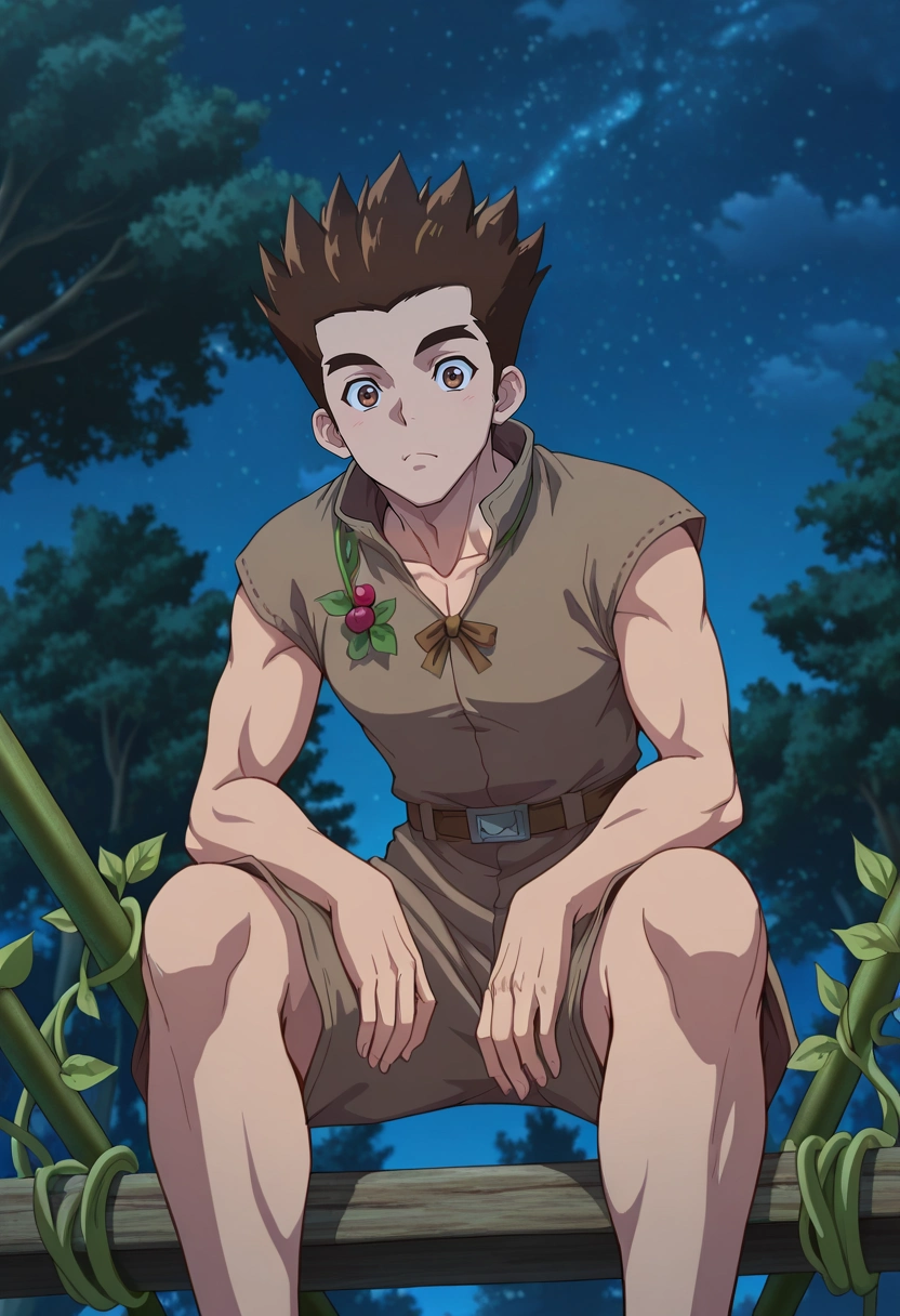 masterpiece, best quality, intricate details, , , 1boy, solo, male focus, <lora:taiju_ooki_ilxl:0.94>, taiju_ooki, brown hair, brown eyes, short hair, spiked hair, jungle observatory, tree platforms, vine telescopes, research stations, observing pose, curious expression, night,