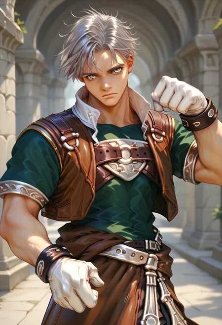 score_9, score_8_up, score_7_up, male focus, toned male, natgra2, gray eyes, short hair, silver hair, steel greaves, plated footwear, brown skirt, black pants, green shirt, brown leather vest, silver belts, white gloves, silver chest plate, head focus, paw pose,
