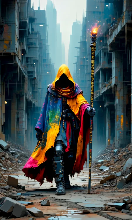 ORIGINAL PROMPT: A photograph.
A shrouded techno-mage, wearing a travel cloak of bright multi-colored fabric of a complex design, and sturdy walking boots. They are walking through the slums of a futuristic dystopian city street. The mage is tall, slender, and dangerous looking. He carries an intricate metallic staff, 7 feet in length, covered with complex symbols.
wide-angle environmental view.
PRODUCTION PROMPT: A photograph.
A slender techno-mage clad in a brightly patterned travel cloak navigates the grimy alleys of a dystopian metropolis, his imposing figure contrasting sharply with the squalid surroundings, as he strides confidently with long stride, staff held proudly at 7-foot length and emblazoned with mysterious runes.
wide-angle environmental view.