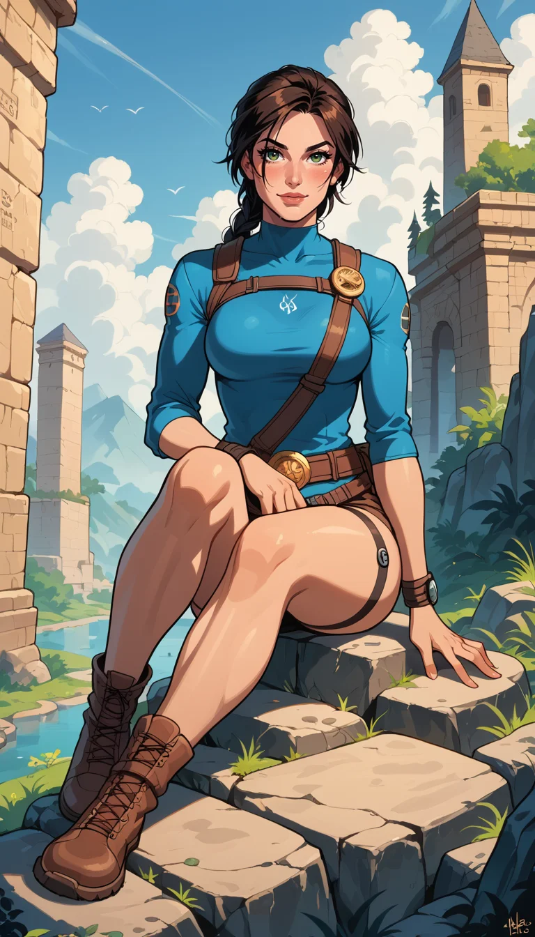 score_9, score_8_up, score_7_up, Western Comics, Full Body Shot, Lara Croft, adventurer, cute, seductive, innocent, light smile:0.3, plump lips, slender body, her hair billowing in the wind, studies an ancient map while sitting on rocks and enjoying the stunning view, depth of field, dynamic angle, sharp, hyperdetailed:1.15