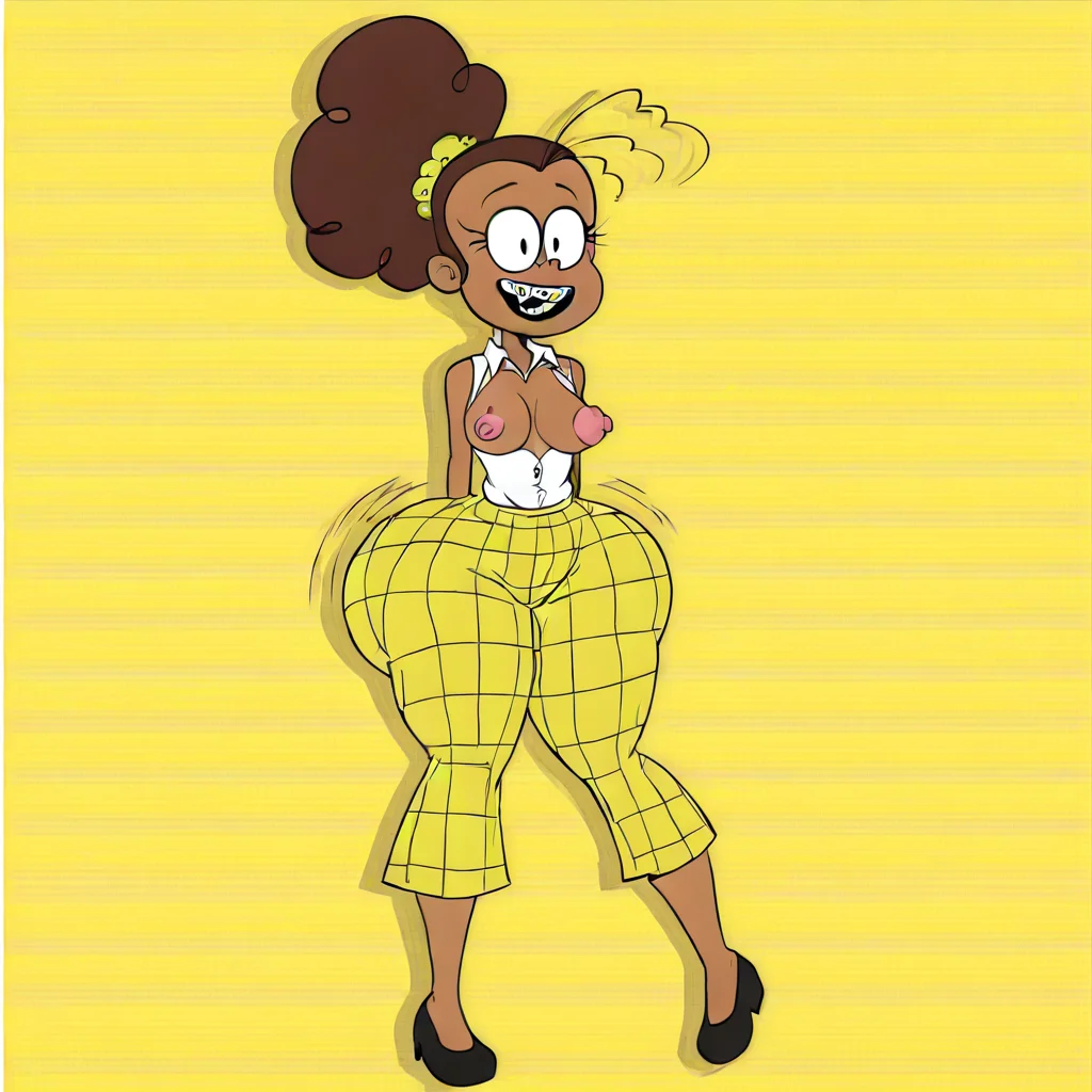 (Luan Loud,brown hair,ponytail,black eyes,yellow scrunchie) (braces,buck teeth)(tall:0.7) (small breasts,thin arms,huge hips,huge thighs,huge butt,long legs) (huge pink areolas,puffy nipples) (white shirt,collared shirt,sleeveless,yellow skirt,plaid skirt) (brown skin:1)