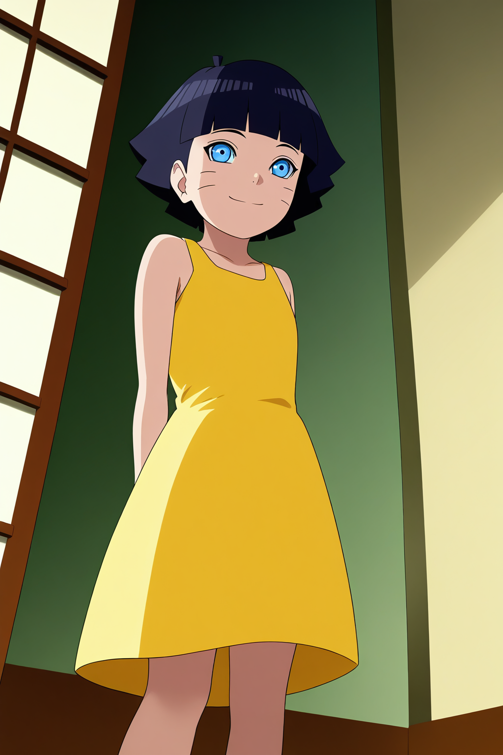 sharp focus, pixiv masterpiece, source_anime, score_9, score_8_up,  score_7_up, score_6_up, absurd res, BREAK
<lora:Himawari_Uzumaki_IL_v1-000012:0.9>, 1girl, solo, dark_blue_hair, short_hair, uzumaki_himawar1_illu, faint smile, yellow dress, full body, bare foot, from below