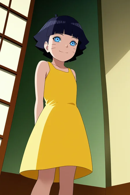 sharp focus, pixiv masterpiece, source_anime, score_9, score_8_up, score_7_up, score_6_up, absurd res, BREAK
<lora:Himawari_Uzumaki_IL_v1-000012:0.9>, 1girl, solo, dark_blue_hair, short_hair, uzumaki_himawar1_illu, faint smile, yellow dress, full body, bare foot, from below