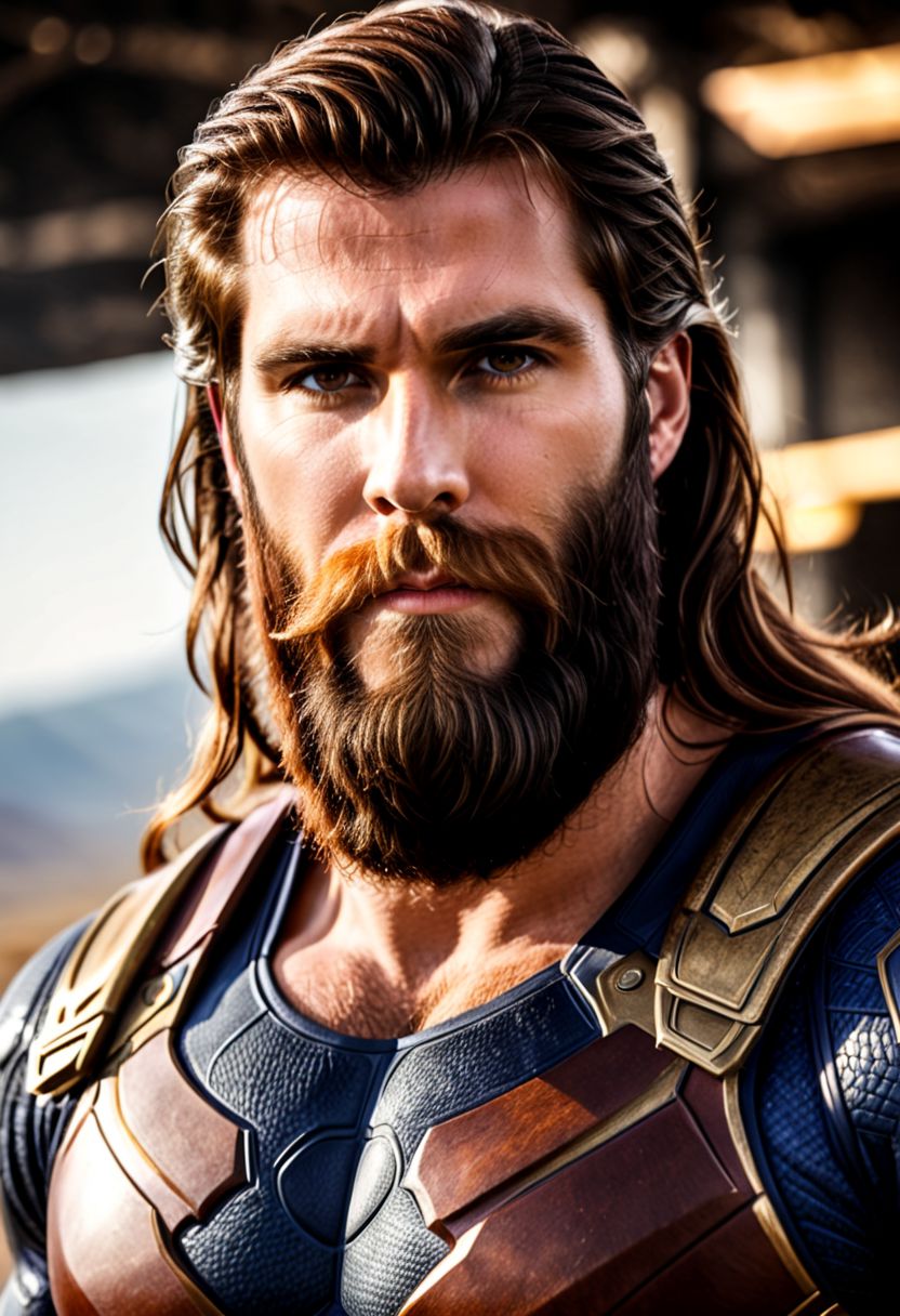 RAW photo, (a handsome and masculine man wearing superhero uniform, alien planet background), vibrant, stunningly beautiful, crisp, detailed, high contrast, cinematic, ultra detailed, intricate, professional, (high quality:1.4), (intricate, high detail:1.2), professional photography, HDR, High Dynamic Range, realistic, ultra realistic, photorealistic, high resolution, film photography, ambient lighting, UHD, bulky armor, long epic beard, golden eyes, long brown hair, cowboy shot,