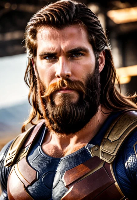RAW photo, (a handsome and masculine man wearing superhero uniform, alien planet background), vibrant, stunningly beautiful, crisp, detailed, high contrast, cinematic, ultra detailed, intricate, professional, (high quality:1.4), (intricate, high detail:1.2), professional photography, HDR, High Dynamic Range, realistic, ultra realistic, photorealistic, high resolution, film photography, ambient lighting, UHD, bulky armor, long epic beard, golden eyes, long brown hair, cowboy shot,
