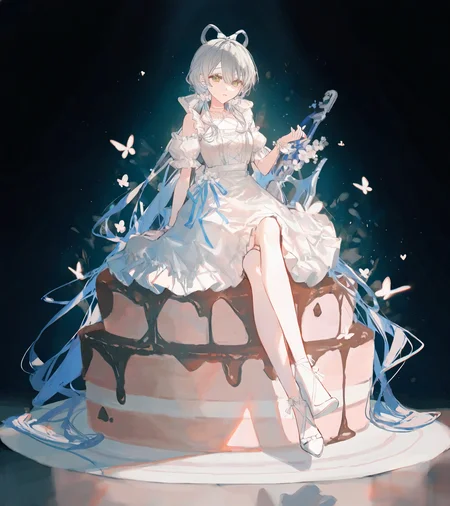 masterpiece,best quality,newest,absurdres,highres,safe,1girl,amazing quality,very aesthetic,artist:ciloranko,artist:akakura,artist:fre_(haochilanzuo),artist:onineko,anime,chocolate room,sitting on big cake,upper body,