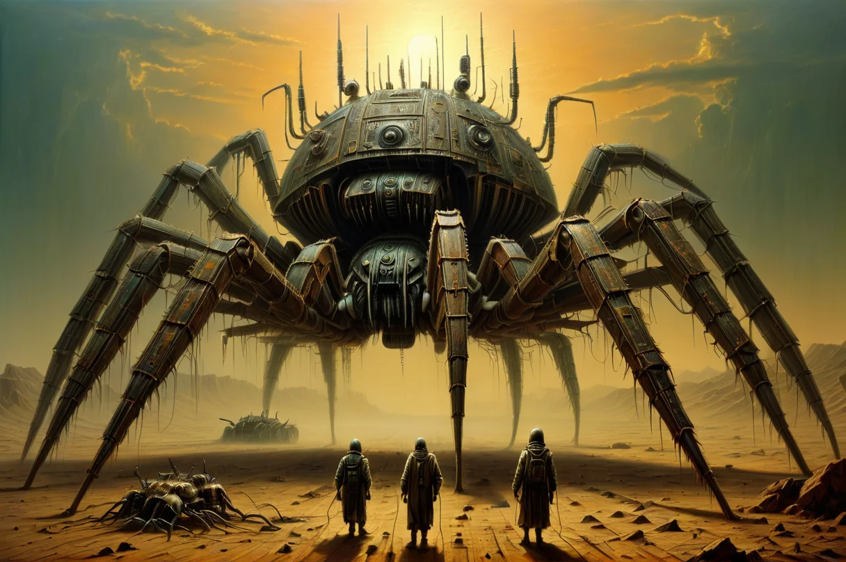 masterpiece, best quality,highly detailed and hyper realistic traditional painting by Frank Kelly-Freas and by ZdzisÅaw BeksiÅski, photography of a giant biomechanical spider tank walking in desert,chthonic,Machinery,Engineering,modularity, huge mechanical robotic spider legs and mechanical robotic arms ,worm metal,reflections,complexity,science fiction,post-apocalypse,dystopian,fantasy sci-fi,lost technology, limited palette, atmospheric haze, highly dramatic lighting, made of transistors , executed in the style of Aztec art. <lora:TransistorsXL_LoRA:1>