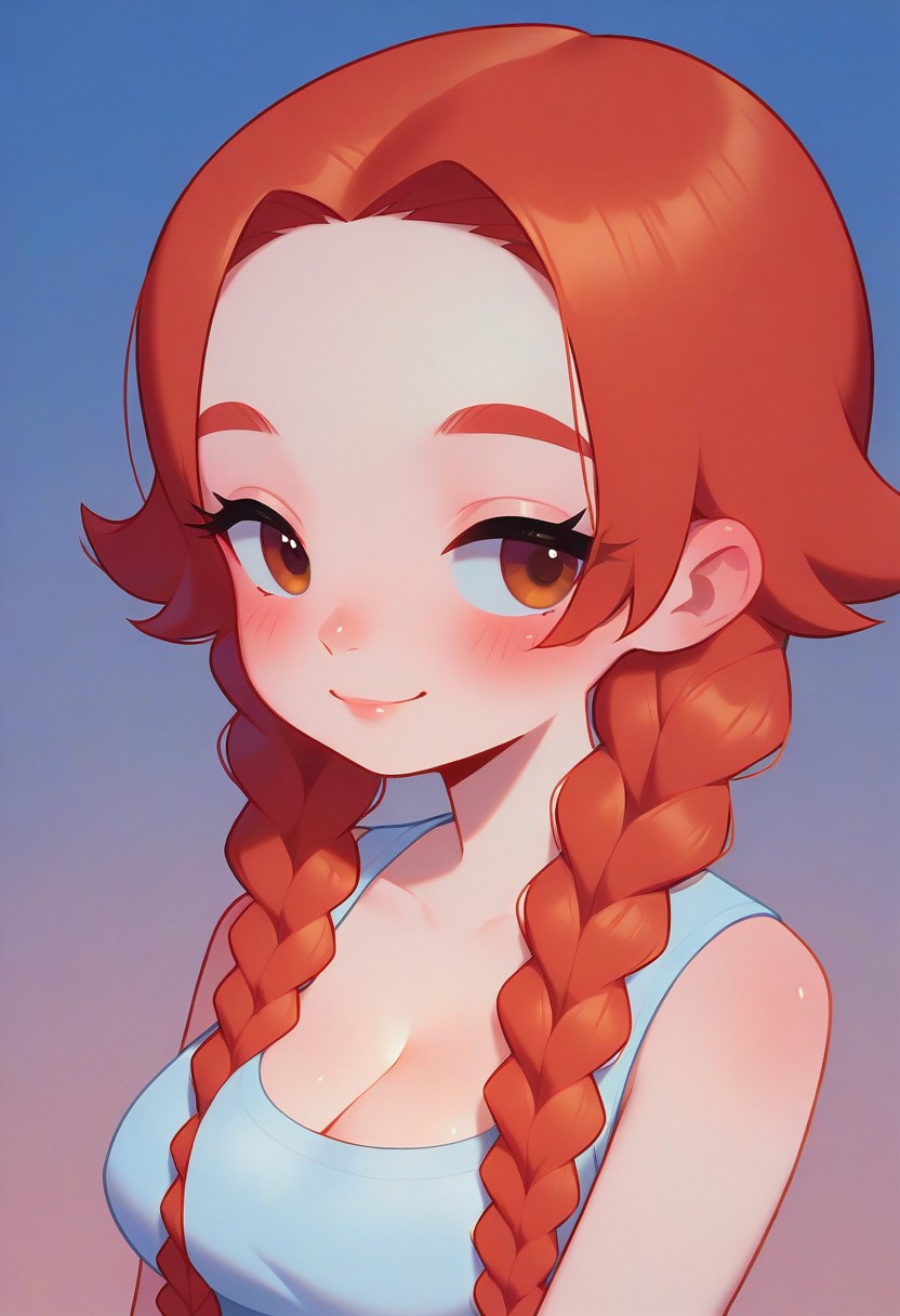 score_9,score_8_up,score_7_up,blurry,<lora:PetraStyle:1.8>,((masterpiece)),illustration,high detail, trending,kawaii,pale skin,red hair with braids, brown eyes,long eyelashes, blush,white sleeveless summer dress,smile,big breasts,cleavage,sexy