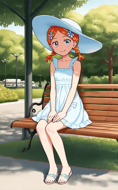 score_9_up, source_cartoon, suzieq, 1girl, orange hair, hair ornament, flower, hair flower, short hair, blue eyes,heterochromia, hairclip, outdoors. twintails, braid. smile. park. sitting on park bench. sundress. sunhat.