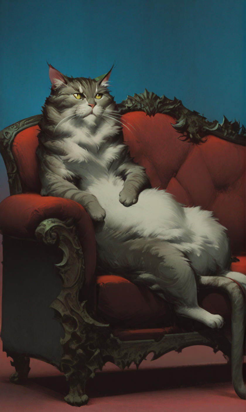 emperor of cat and couch, solo, aloof, fantasy theme, dark and moody color palette, abstract <lora:HyperdetailedColoredPencilIl:0.8>  <lora:- iLL - combined_concept_V1.0-step00033500:.7> <lora:- iLL - combined_stylized_V1.0-step00001500:.8>
