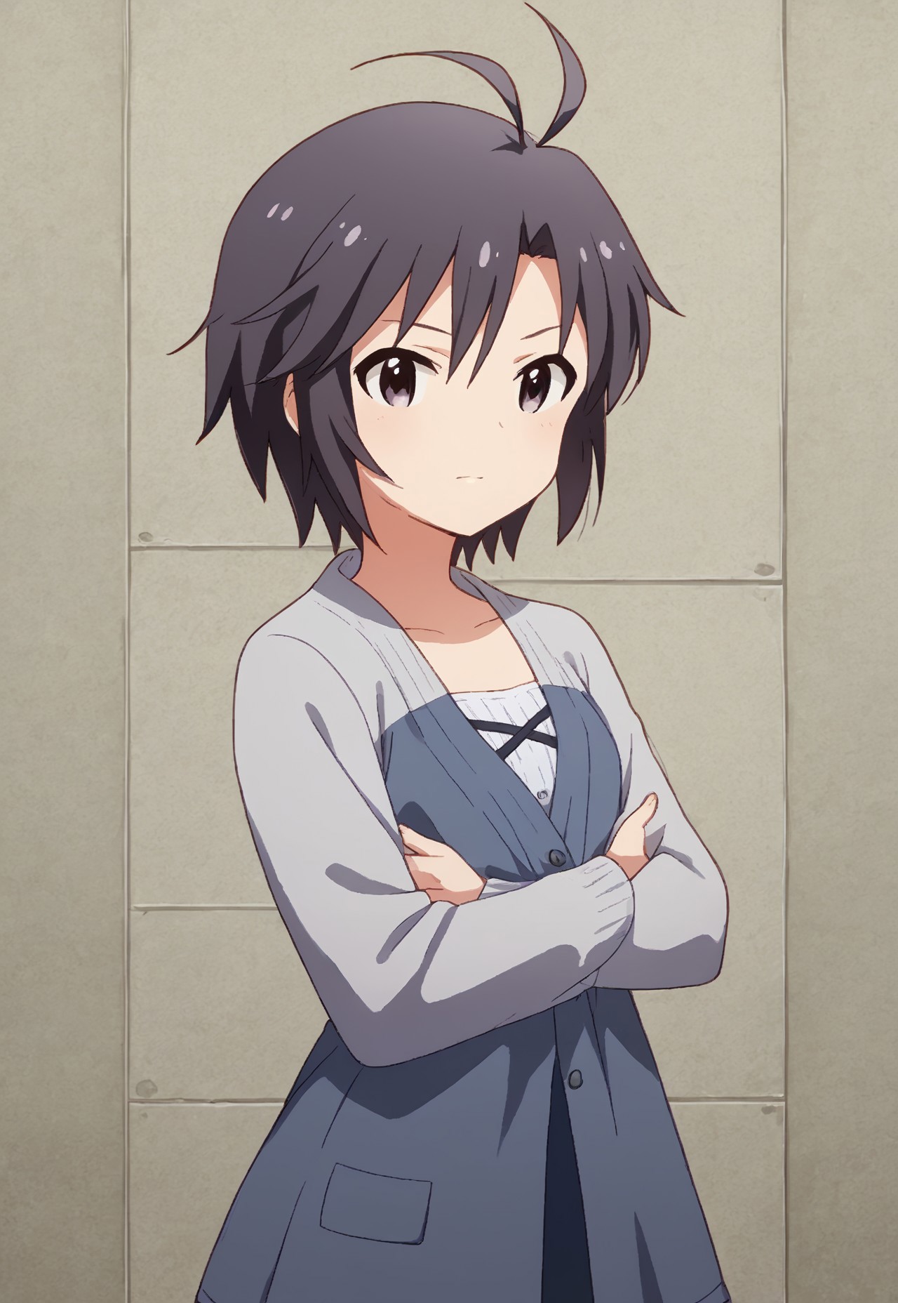 safe_pos, score_9, score_8_up, score_7_up, source_anime,  scenic background, kkcmkt, Kikuchi Makoto, kkcmkt, hair between eyes, flat chest,  small breasts,<lora:KikuchiMakoto_pony_v1:0.9> kikuchi makoto, short hair, black hair, antenna hair, black eyes, 
