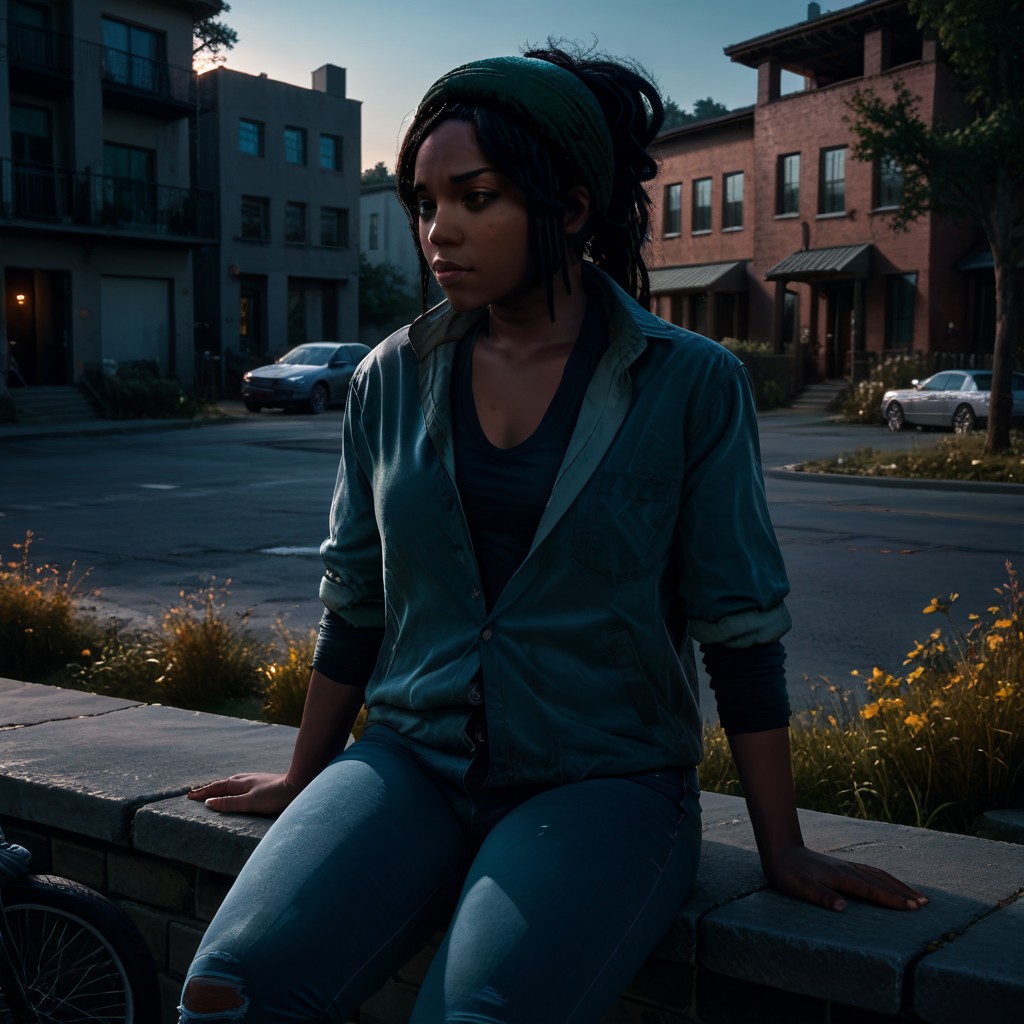 score_9, score_8, score_7, break, addison_dg, dark-skinned female, black hair, jacket, jeans, sitting, outdoors, dilapidated building