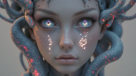 A vintage camera lens, worn and dusty, frames a mesmerizing macro shot of a biomechanical medusa's face. Her eyes, two glowing orbs of neon blue, seem to stare straight ahead, her gaze fixed on some distant point. Snakes writhe around her neck, their scales shimmering like polished jewels in the fading light of day. As she looks forward, her expression is one of quiet terror, as if she's beholding some unspeakable horror through the lens of her own mind. The air around her is filled with soft, pulsating particles of fractal fire,, <lora:Flux_Turbo_Alpha.safetensors:1.0> <lora:xjie_bluee_000006500.safetensors:0.7> xijie_blue <lora:aidmaImageUprader-FLUX-v0.3.safetensors:0.4> aidmaimageupgrader