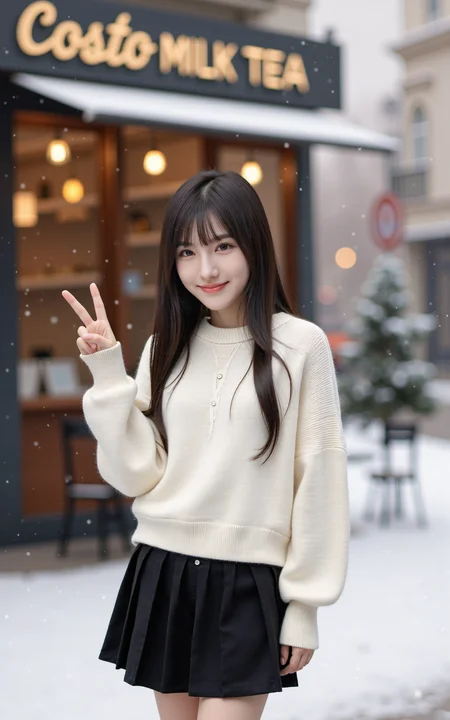A young girl in a white sweater and a black knee-length skirt stands on a snowy street in a small Parisian town. She has a gentle smile on her face,her expression calm and serene. She raises one hand to form a V shape in a joyful victory pose. Behind her,a cozy milk tea shop with a vintage sign reading "Costo" stands,with warm light spilling from the windows. Snowflakes drift around her,adding to the magical winter atmosphere. The scene is captured in an ultra-photorealistic style with soft,natural lighting and a cinematic depth of field,highlighting the delicate details of the snowy street and the charming shop.,
<lora:baby-base-01-flux:0.8>,baby,long black hair,bangs,she has a slender physique and a petite build,
