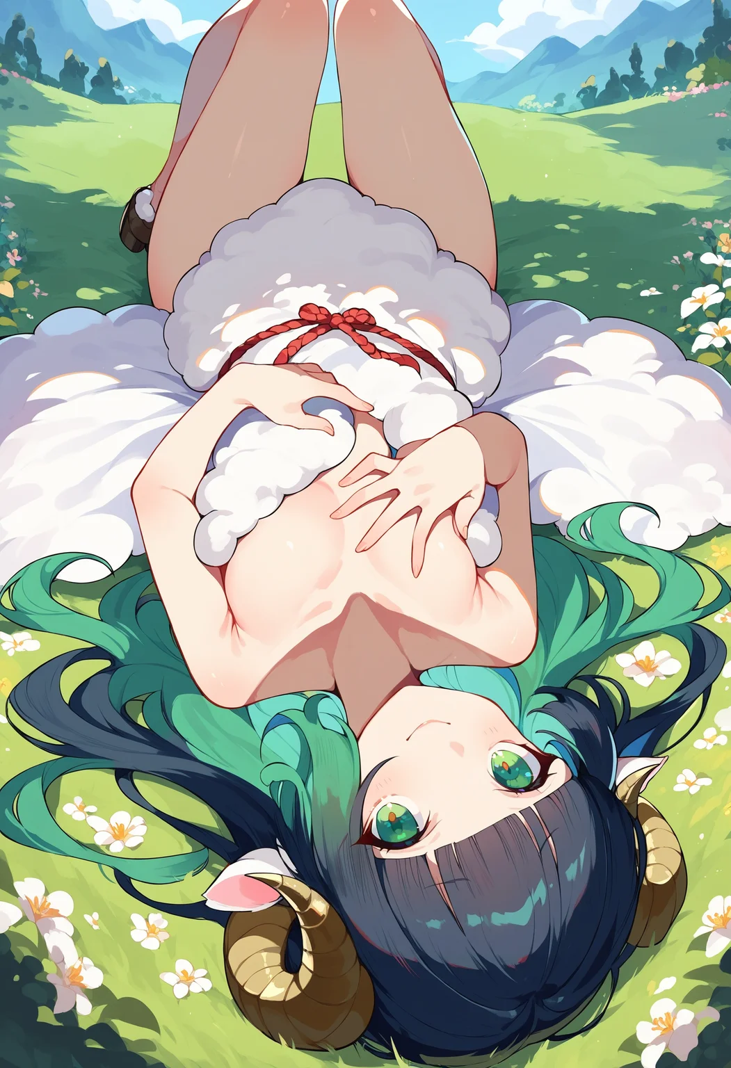 score_9, score_8_up, score_7_up, score_6_up, source anime, suggestive,
sheep girl, thin sheep horns, flower, sheep ears, black fur, convenient censoring,
black hair, green hair, hime cut, gradient hair, multi-tied hair, green eyes,
looking at viewer, upside-down, hand on own chest, smile,
on back, lying, on grass, outdoors, scenery,
<lora:monmusu_sheep_girl_pony_v14:1>