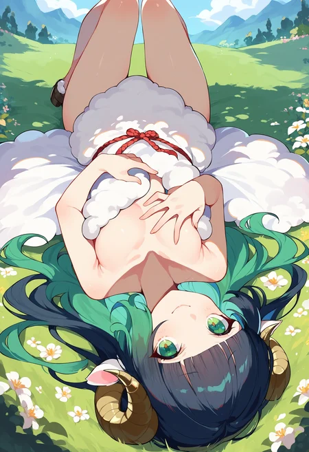 score_9, score_8_up, score_7_up, score_6_up, source anime, suggestive,
sheep girl, thin sheep horns, flower, sheep ears, black fur, convenient censoring,
black hair, green hair, hime cut, gradient hair, multi-tied hair, green eyes,
looking at viewer, upside-down, hand on own chest, smile,
on back, lying, on grass, outdoors, scenery,
<lora:monmusu_sheep_girl_pony_v14:1>