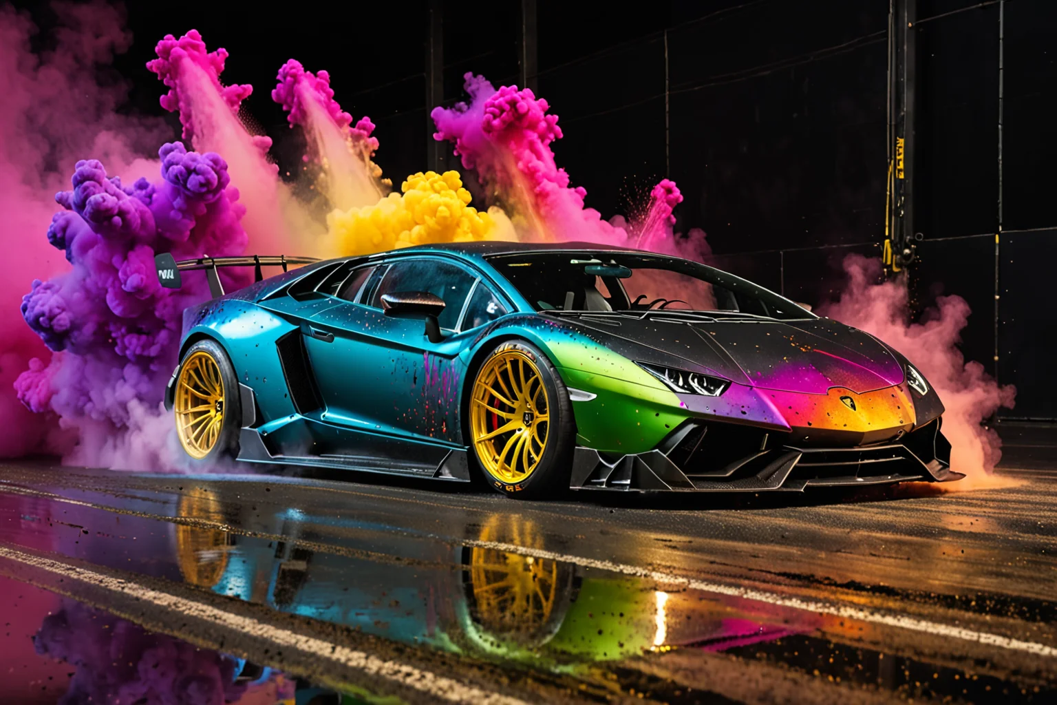 wide body kit Lamborghini, racing through LIQUID METAL, liquid metal sprays up from the cars tyres, Car drifting in a black void , Colorful Powder Explosion, UHD