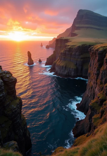 Faroe Islands rocky cliffs, at sunset