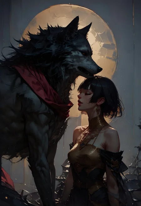 score_9, score_8_up, score_7_up, 1girl, short hair, black hair, hime cut, princess, red scarf, black wolf, gold <lora:pony/twilight_style:0.8> <lora:pony/expressiveh:0.8> expressiveh <lora:pony/vixon_gold:0.65> g0ldl34f <lora:sdxl/sinfully_stylish_sdxl>