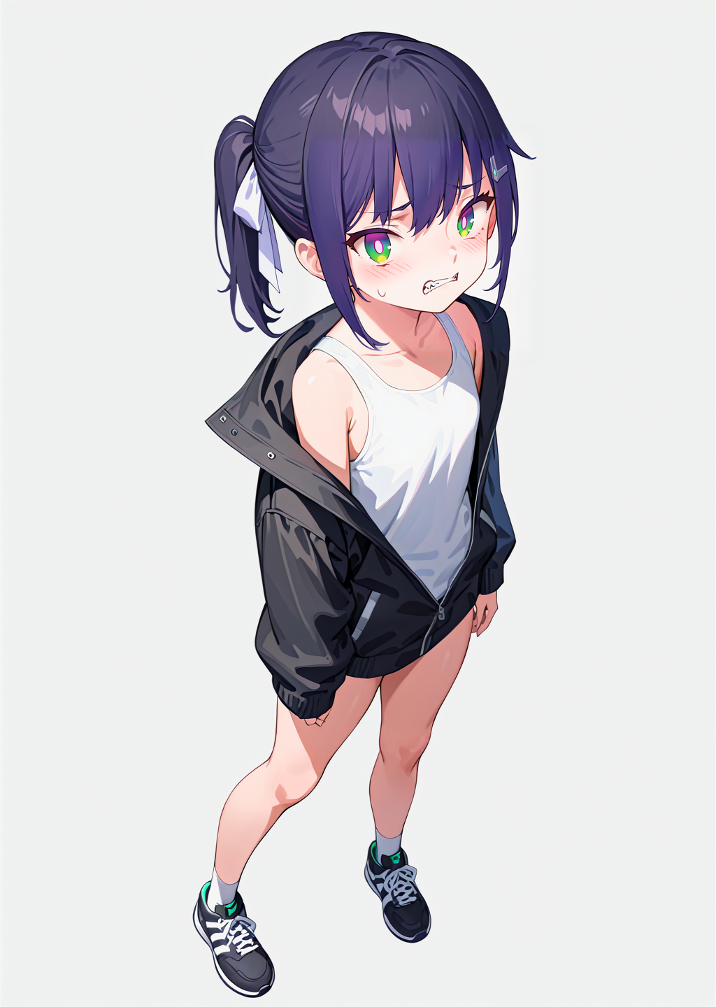 (best quality, masterpiece:1.2),
full body, 
1girl, solo,
petite, ponytail, short hair,
black hair, hair ribbon, two-tone hair,  looking up, 
multicolored eyes, green eyes, purple eyes, white pupils, 
black jacket, white tank top, 
black pants,  bare legs, white legwear, black sneakers, 
standing, 
highres,sharp focus,Professional,Impasto,
front view, medium view,
reality_ray_tracing,ambient_light,
simple background, grey background, 
<lora:ASYLJ77-000009-XL-02:0.9>