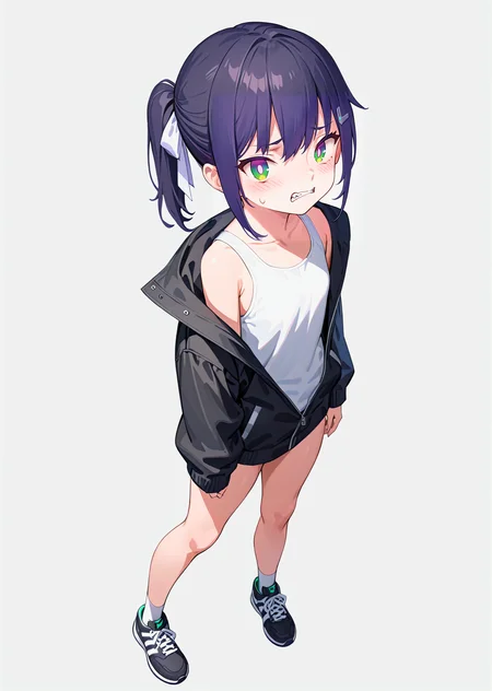 (best quality, masterpiece:1.2),
full body,
1girl, solo,
petite, ponytail, short hair,
black hair, hair ribbon, two-tone hair, looking up,
multicolored eyes, green eyes, purple eyes, white pupils,
black jacket, white tank top,
black pants, bare legs, white legwear, black sneakers,
standing,
highres,sharp focus,Professional,Impasto,
front view, medium view,
reality_ray_tracing,ambient_light,
simple background, grey background,
<lora:ASYLJ77-000009-XL-02:0.9>