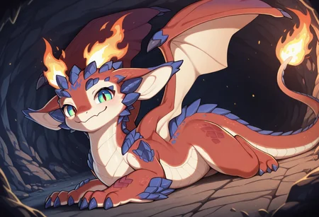 masterpiece, best quality, amazing quality, furry only, furry114514, smolder_(LoL), dragon, solo, 1boy, feral,
in cave, fire tipped tail, prone, on stone ground, front view, side angle, looking at viewer, relaxed smile, warm smile,