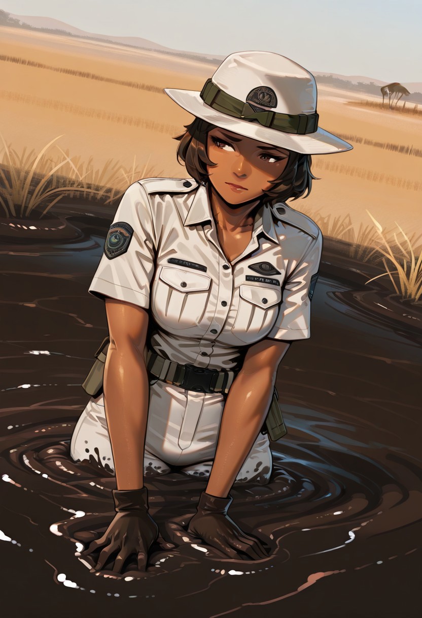 score_9, score_8_up, score_7_up, 1girl, solo, attractive woman, cinematic, Botswanian woman, dark skin, safari guide, safari outfit, chest-deep in brown quicksand, struggling, dynamic pose, savannah background, dynamic angle
