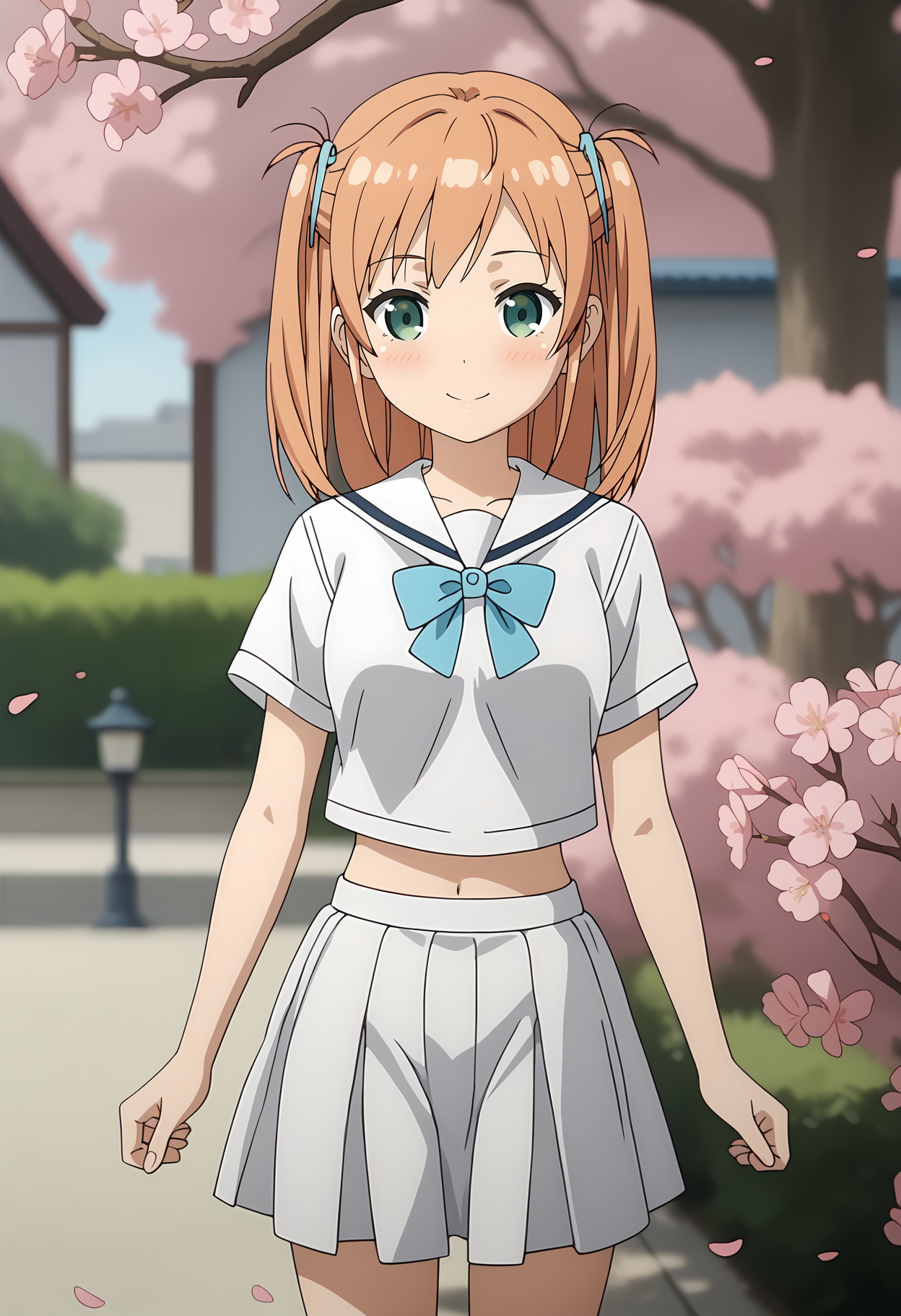 anime screencap,
<lora:OneRoom_NanahashiMinoriXL:0.9>,
1girl, solo, closed mouth, light smile, blush,
two side up, orange hair, green eyes, hairclip,
MinoriCasual, white sailor collar, white shirt, midriff, blue bowtie, short sleeves, pleated skirt, white skirt,
cowboy shot, standing, looking at viewer,
petals, cherry blossoms, street lamp, outdoors, blurry background