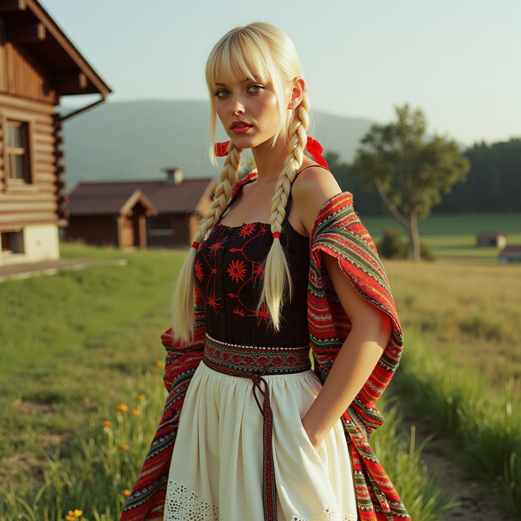 analog photography, shot by Kodak Duaflex II, ultra detailed, ultra quality, cinematic,  dynamic posing, sensual pose, bangs, a mesmerizing woman with platinum blond hair woven into an elegant braid, adorned with bright red ribbons, standing in a lush meadow. She wears a traditional Romanian blouse (ie) with intricate black and red embroidery, symbolizing fertility and protection. Her flowing white skirt features delicate floral lace along the hem, and a wide, beaded belt accentuates her waist. Over her shoulders, she drapes a vibrantly woven wool shawl with geometric patterns. Her gaze is soft and mysterious, her Slavic cheekbones illuminated by the golden sunset as she stands near a quaint wooden village.  <lora:Janacovaxhres-grm80vx:1> jancov